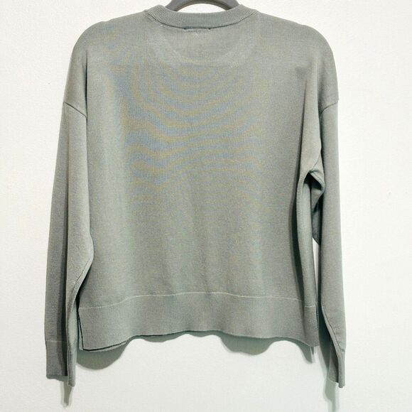 DKNY Boxy Sequin Pocket Sweater Sz Large Sage Green Crop Crewneck - Picture 2 of 8